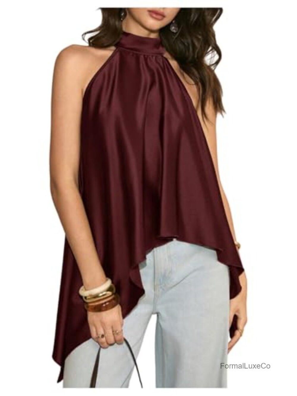 Satin Halter Blouse High Neck Asymmetrical Flowy Top